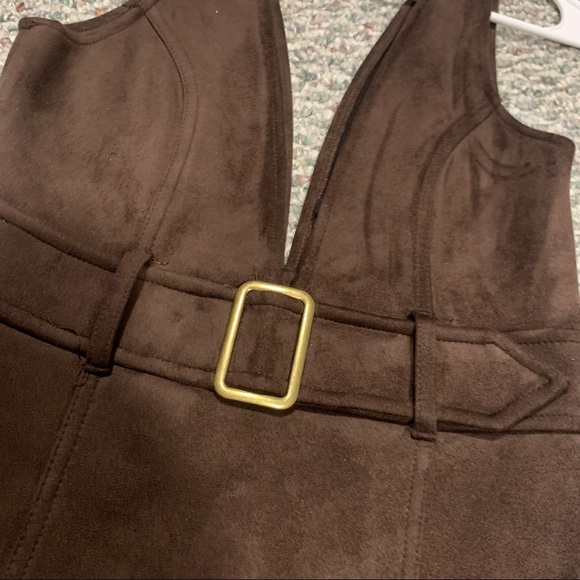 Brown suede buckle front deep V dress - Picture 2 of 5